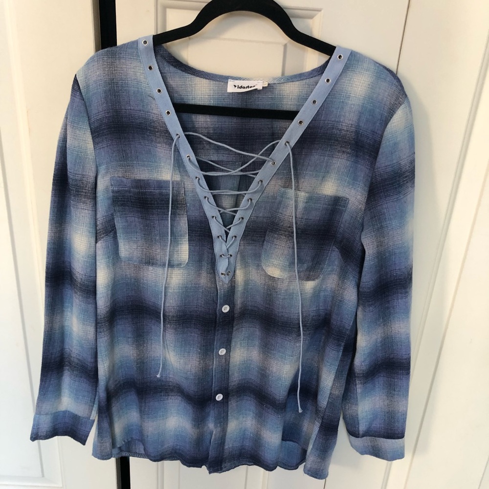 Blue flannel hockey shirt with tie up detail